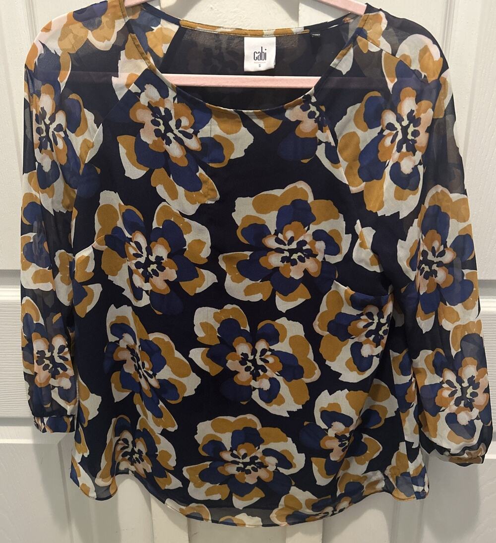 Cabi Top Womens Small Blue Yellow Floral Lydia 3/4 Sleeve Popover Vibrant Blouse